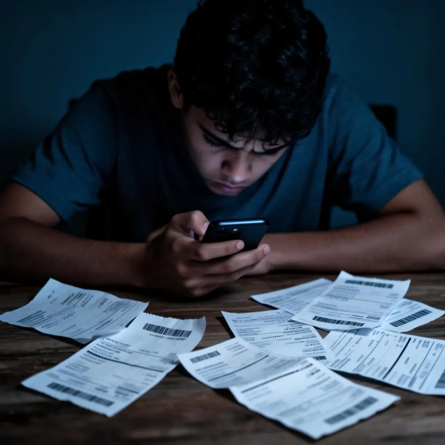 Pessoa frustrada olhando o celular com contas sobre a mesa